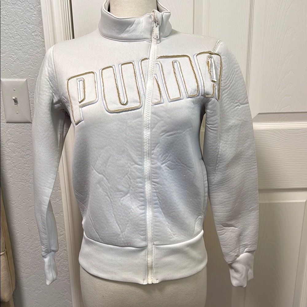 PUMA Water Repellent White and Gold Logo Jacket